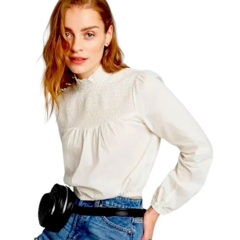Wild Fable Long Sleeve High Neck Smocked Peasant Top Ivory Girlycore Size Medium